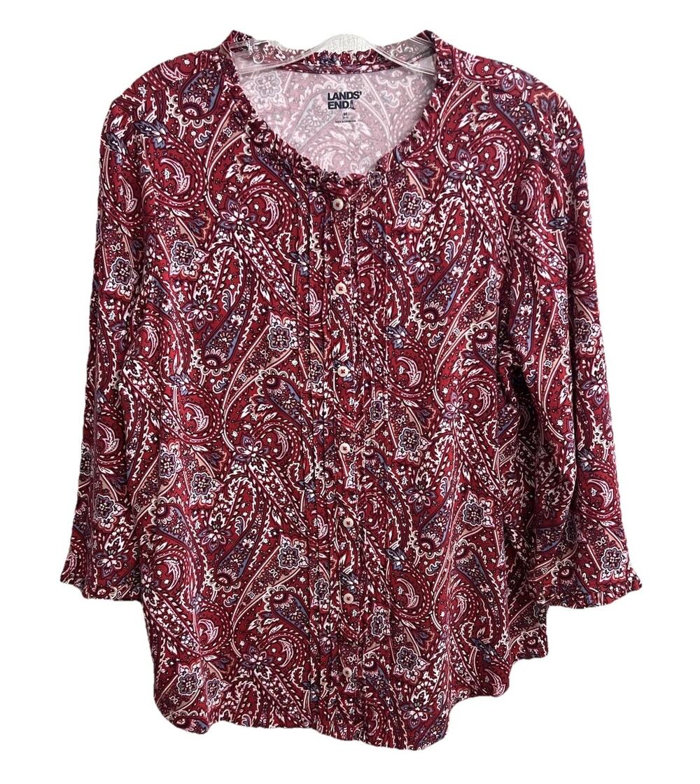 Lands' End Women Sz M Red Floral Paisley Ruffled Crew Neck 3/4 Sleeve Button Top